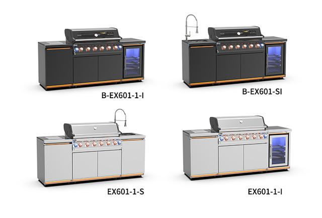 B-EX601-SI Black Outdoor Stainless Kitchen Bbq Set Barbecue Gas Grills Station with Fridge