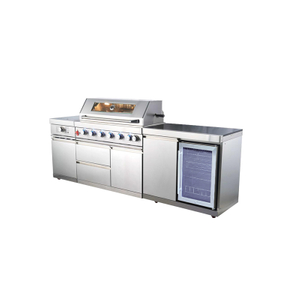 Premium 304 Stainless Steel Modular Outdoor Kitchen Cabinets with integrated sink and grill units. Professional weatherproof all-weather backyard storage solution with modern brushed finish.