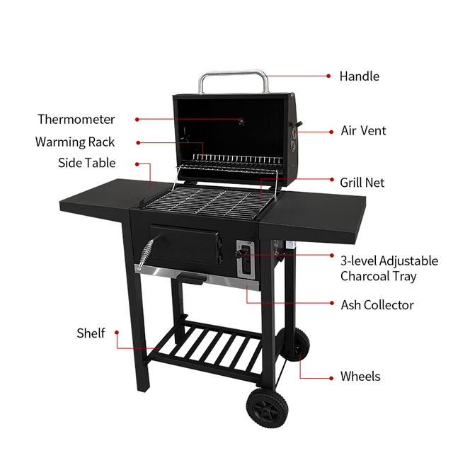 CQ01C Charcoal BBQ Grill Trolley with Adjustable Tray and Chimney