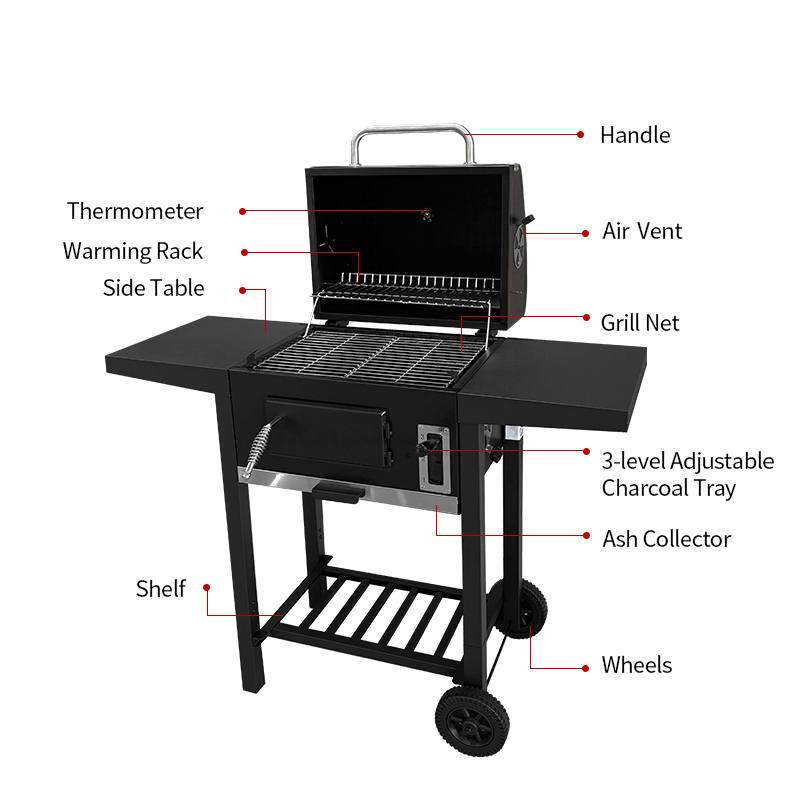 CQ01C Charcoal BBQ Grill Trolley with Adjustable Tray and Chimney