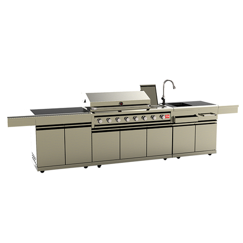 Eureka SG008BR stainless steel modular outdoor kitchen island, 8 burner gas BBQ grill with refrigerator and sink for backyard villa outdoor cooking