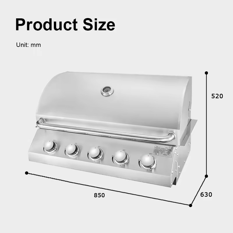 5-Burner Built-In Gas BBQ Grill | Stainless Steel Outdoor Kitchen Insert Grill with Side Burners | Propane Natural Gas Barbecue Grill Island Head CE Certified