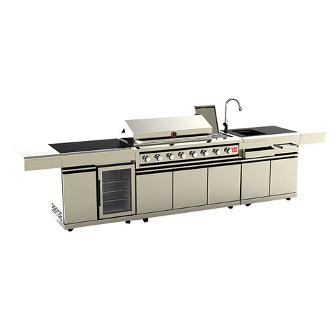 Premium 304 Stainless Steel Modular Outdoor Kitchen Cabinets with integrated sink and grill units. Professional weatherproof all-weather backyard storage solution with modern brushed finish.