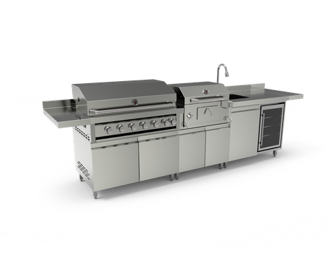 Premium 304 Stainless Steel Modular Outdoor Kitchen Cabinets with integrated sink and grill units. Professional weatherproof all-weather backyard storage solution with modern brushed finish.