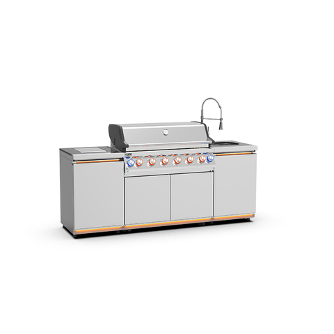 Premium 304 Stainless Steel Modular Outdoor Kitchen Cabinets with integrated sink and grill units. Professional weatherproof all-weather backyard storage solution with modern brushed finish.