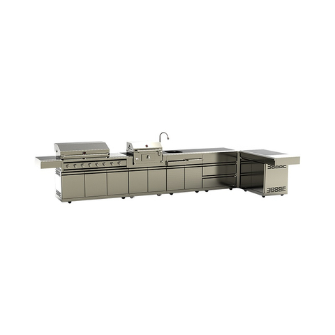 Premium 304 Stainless Steel Modular Outdoor Kitchen Cabinets with integrated sink and grill units. Professional weatherproof all-weather backyard storage solution with modern brushed finish.