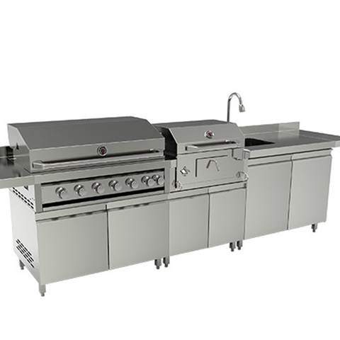 Premium 304 Stainless Steel Modular Outdoor Kitchen Cabinets with integrated sink and grill units. Professional weatherproof all-weather backyard storage solution with modern brushed finish.