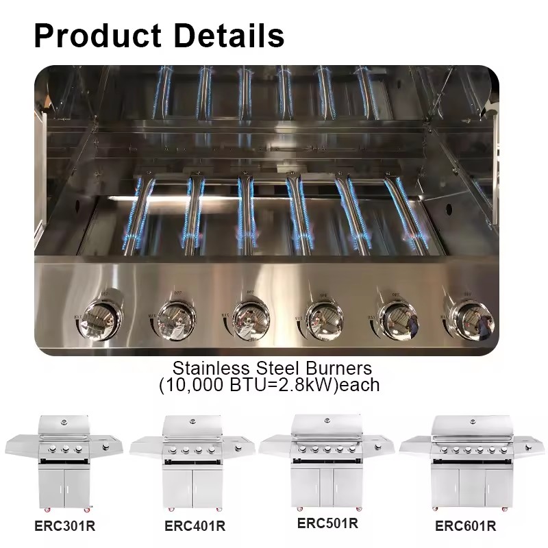 5-Burner Built-In Gas BBQ Grill | Stainless Steel Outdoor Kitchen Insert Grill with Side Burners | Propane Natural Gas Barbecue Grill Island Head CE Certified