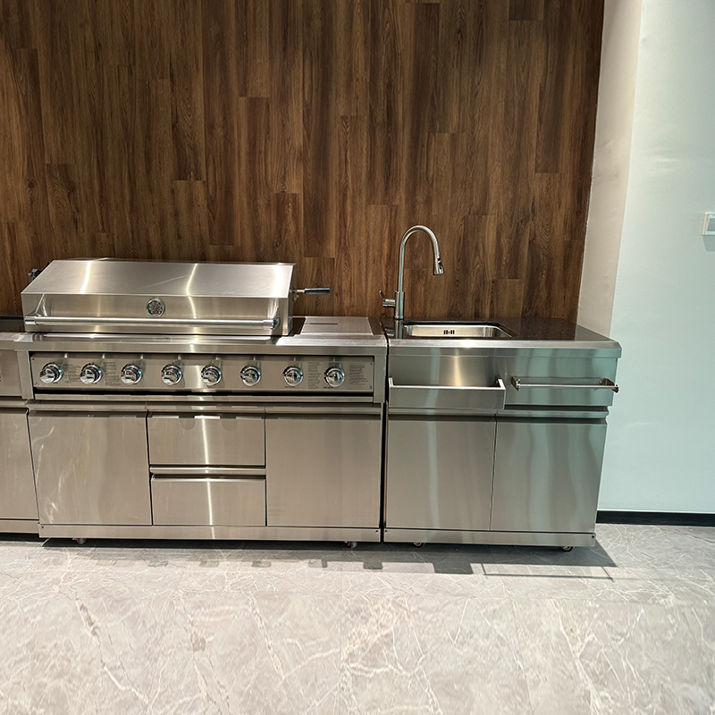 Modular Premium Stainless Steel 304 8-Burner Gas Grill BBQ Set with Wheels Modern Outdoor Kitchen Furniture Island