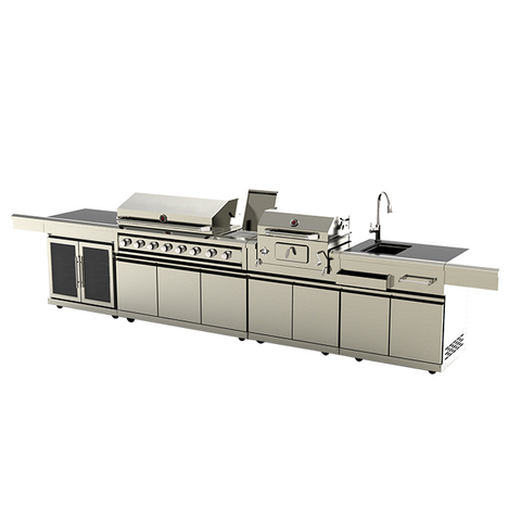 Premium 304 Stainless Steel Modular Outdoor Kitchen Cabinets with integrated sink and grill units. Professional weatherproof all-weather backyard storage solution with modern brushed finish.