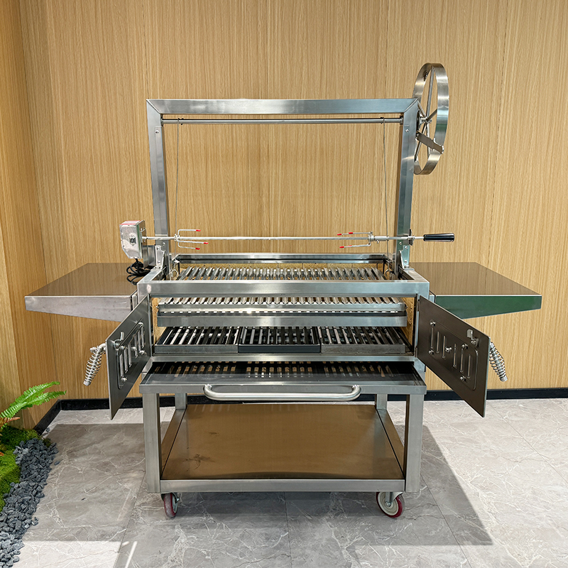 Eureka SC004K Argentinian Santa Maria BBQ Grill - 304 Stainless Steel Charcoal Grill with Adjustable Height V-Grates & Motorized Rotisserie