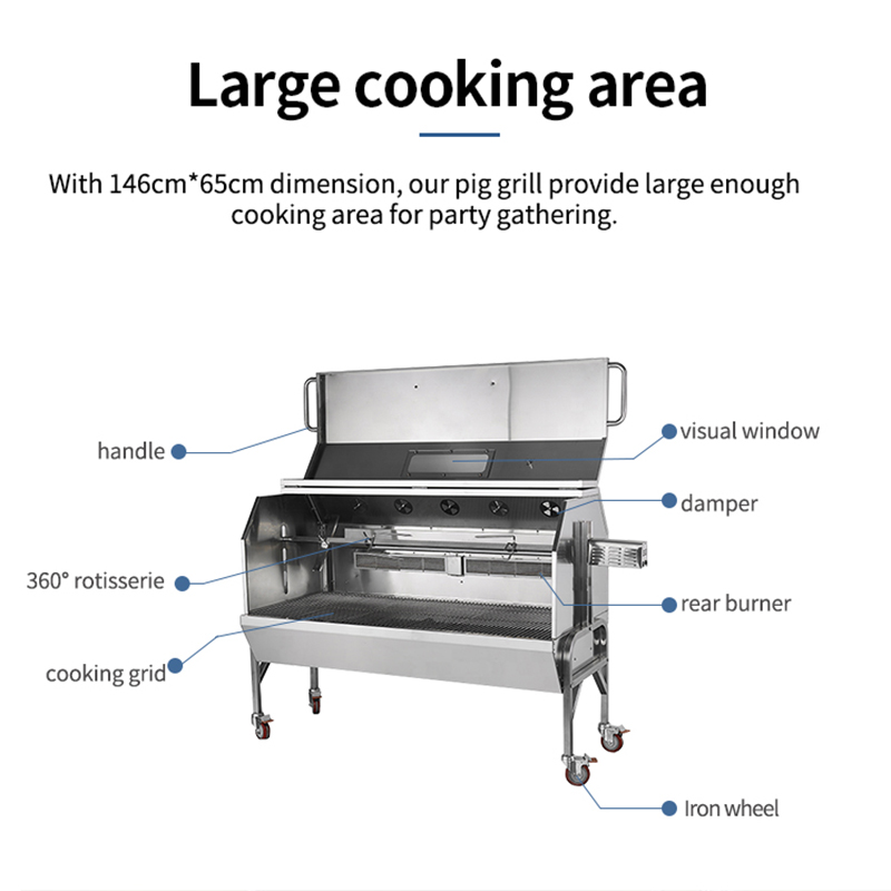 Professional 1.9m Whole Pig Roaster - 50000BTU/14.6KW Gas & Charcoal Hybrid Spit Grill - Commercial Rotisserie Station - Heavy-Duty Stainless Steel Asado Grill
