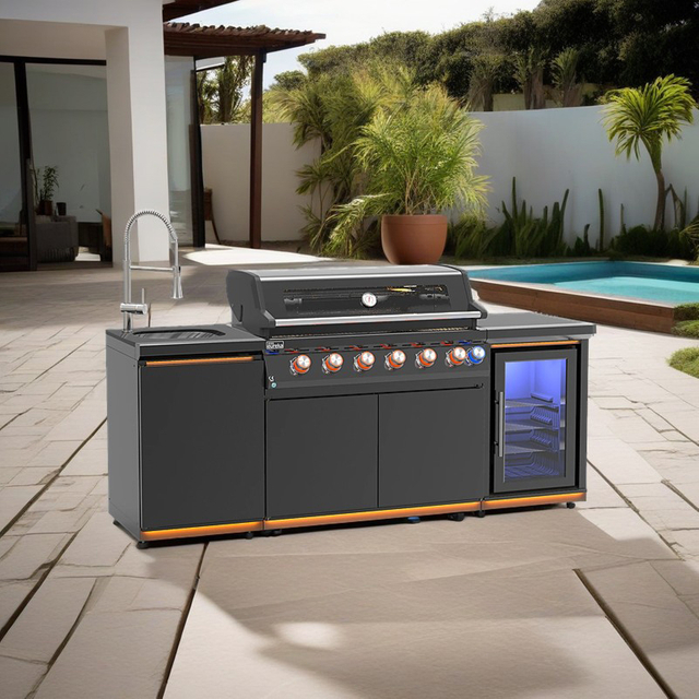 B-EX601-1-SI Free Standing Prefabricated BBQ Grill Set Patio Large I Shape Metal Kitchen Cabinet
