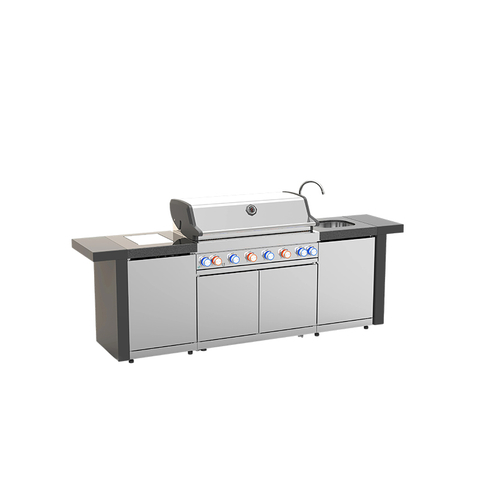 Premium 304 Stainless Steel Modular Outdoor Kitchen Cabinets with integrated sink and grill units. Professional weatherproof all-weather backyard storage solution with modern brushed finish.