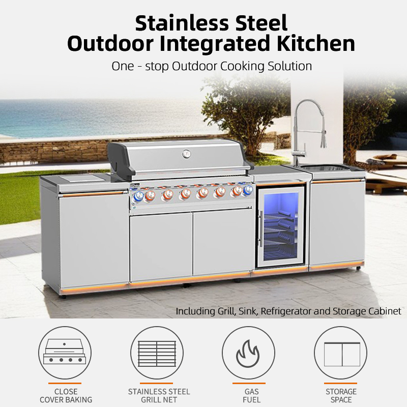 B-EX601-1-SI Free Standing Prefabricated BBQ Grill Set Patio Large I Shape Metal Kitchen Cabinet