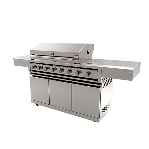 Premium 304 Stainless Steel Modular Outdoor Kitchen Cabinets with integrated sink and grill units. Professional weatherproof all-weather backyard storage solution with modern brushed finish.