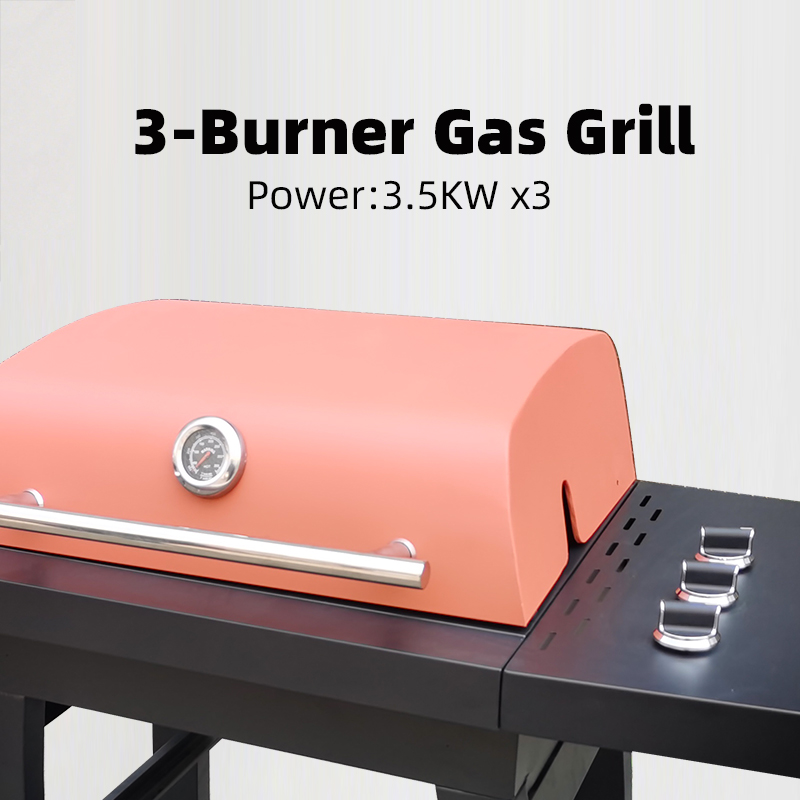 3-Burner Gas BBQ Grill Cart with Side Shelves | Portable Outdoor Kitchen Island with CE Certification | Wheeled Charcoal Gas Barbecue Grill Cabinet for Backyard Patio Camping