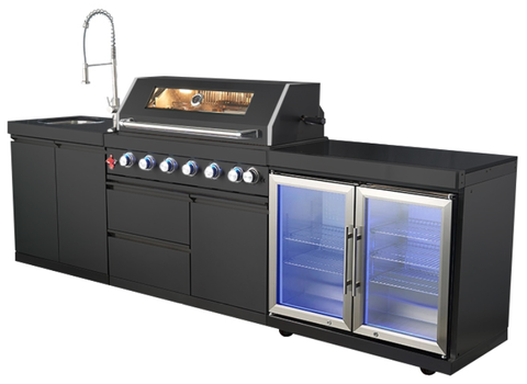 Premium 304 Stainless Steel Modular Outdoor Kitchen Cabinets with integrated sink and grill units. Professional weatherproof all-weather backyard storage solution with modern brushed finish.
