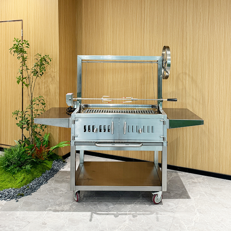 Eureka SC004K Argentinian Santa Maria BBQ Grill - 304 Stainless Steel Charcoal Grill with Adjustable Height V-Grates & Motorized Rotisserie