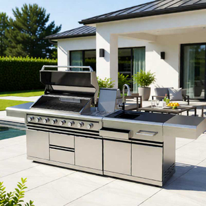 Premium 304 Stainless Steel Modular Outdoor Kitchen Cabinets with integrated sink and grill units. Professional weatherproof all-weather backyard storage solution with modern brushed finish.
