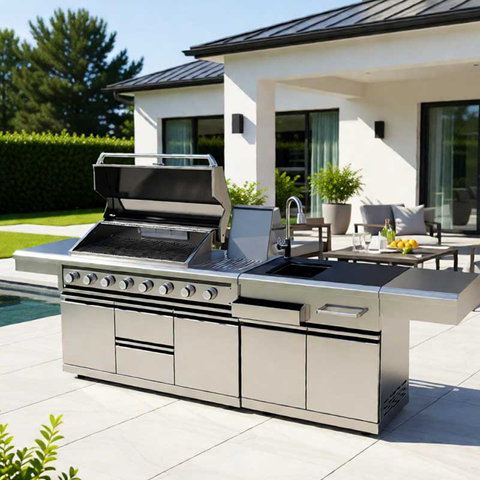 Premium 304 Stainless Steel Modular Outdoor Kitchen Cabinets with integrated sink and grill units. Professional weatherproof all-weather backyard storage solution with modern brushed finish.