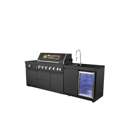 Premium 304 Stainless Steel Modular Outdoor Kitchen Cabinets with integrated sink and grill units. Professional weatherproof all-weather backyard storage solution with modern brushed finish.