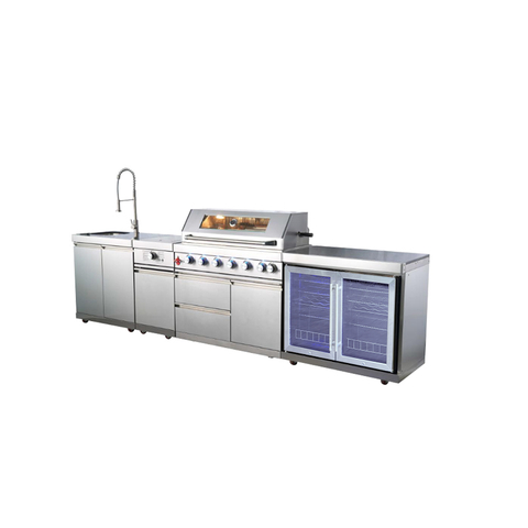 Premium 304 Stainless Steel Modular Outdoor Kitchen Cabinets with integrated sink and grill units. Professional weatherproof all-weather backyard storage solution with modern brushed finish.