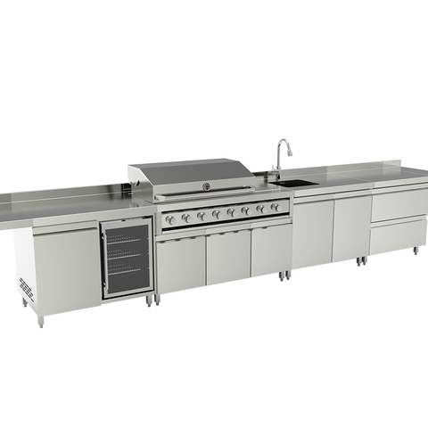 Premium 304 Stainless Steel Modular Outdoor Kitchen Cabinets with integrated sink and grill units. Professional weatherproof all-weather backyard storage solution with modern brushed finish.