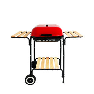  Red Lidded Charcoal BBQ Grill with Trolley - 40x45cm Cooking Area & Wooden Side Tables - Heavy Duty Portable Outdoor Smoker for Family Party