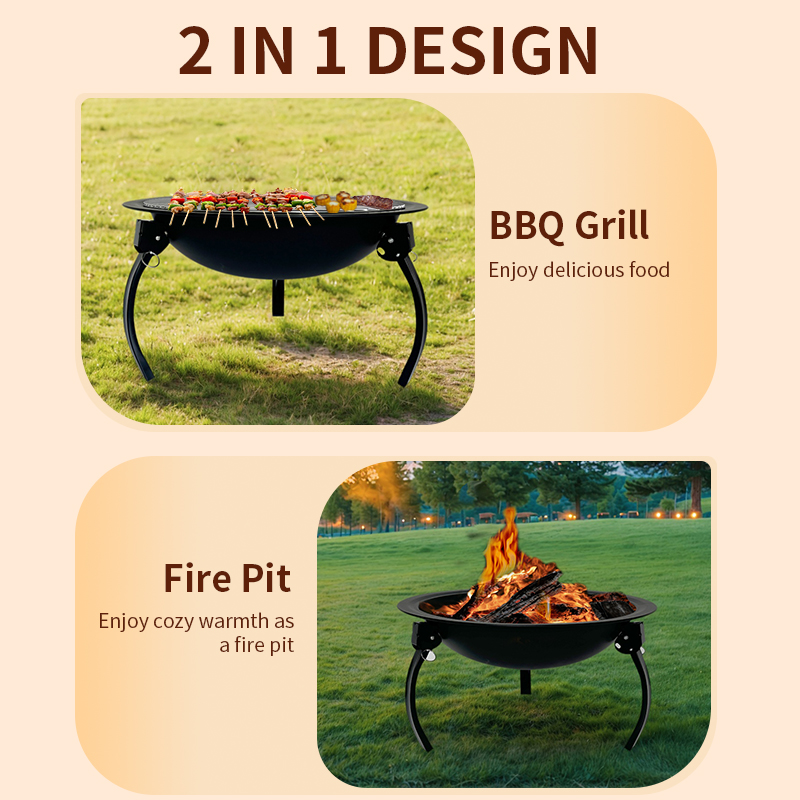 EY015 2-in-1 Portable Fire Pit Bowl & Charcoal Grill - Foldable Camping BBQ Grill
