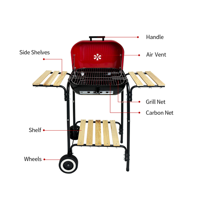  Red Lidded Charcoal BBQ Grill with Trolley - 40x45cm Cooking Area & Wooden Side Tables - Heavy Duty Portable Outdoor Smoker for Family Party