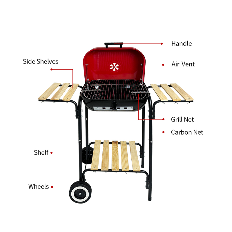  Red Lidded Charcoal BBQ Grill with Trolley - 40x45cm Cooking Area & Wooden Side Tables - Heavy Duty Portable Outdoor Smoker for Family Party