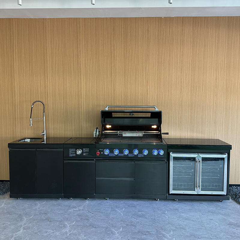 Eureka B-ZH601-1-BG black stainless steel modular outdoor kitchen island, all-in-one BBQ grill cabinet with sink and refrigerator for backyard villa