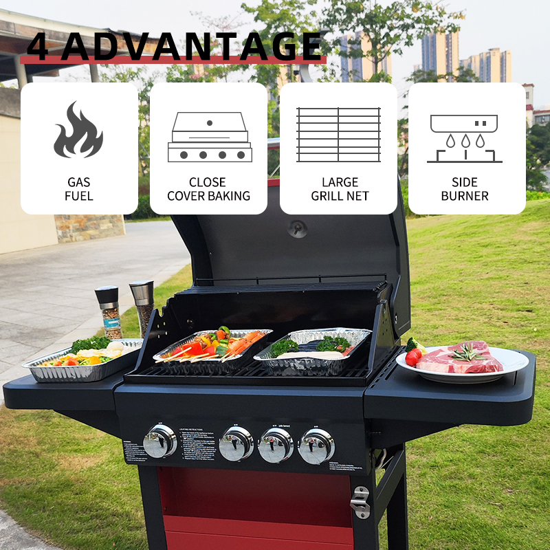 Eureka B-ERT301R 4-Burner Propane Gas Grill Station - 3 Main Burners + Lidded Side Burner - 324 Sq. In. Total Cooking Area with Warming Rack & Storage Cabinet