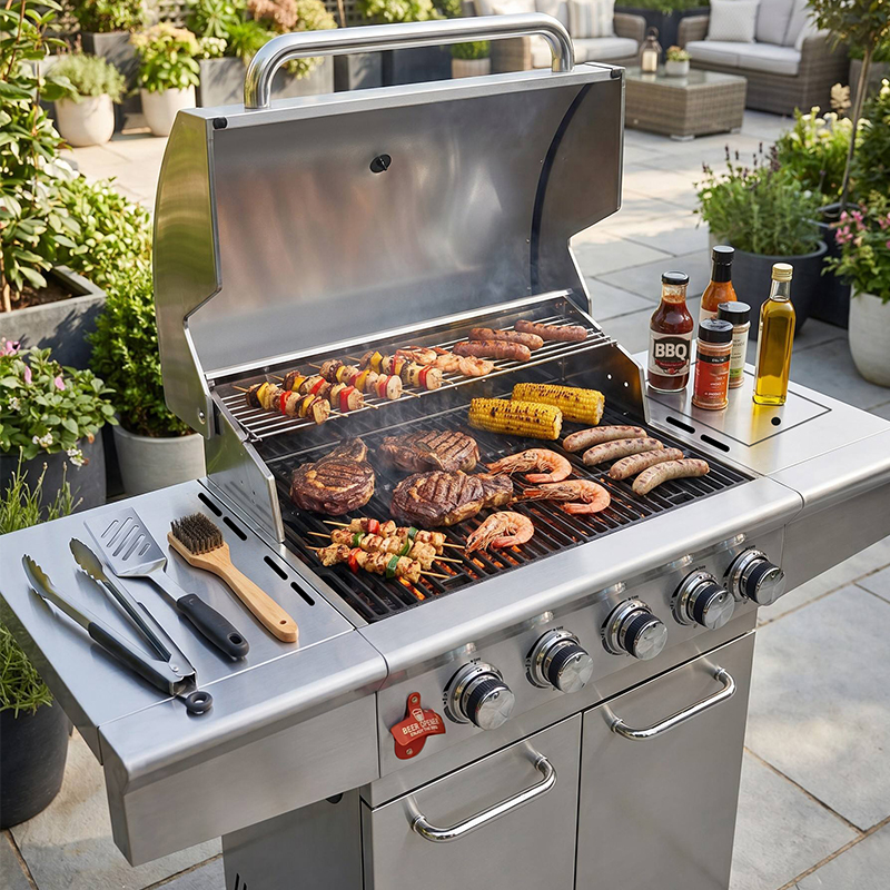 Eureka S401G 4+1 Burner Gas BBQ Grill: 18.3KW High Power #430 Stainless Steel Grill with Side Burner - Professional Wholesale BBQ Manufacturer