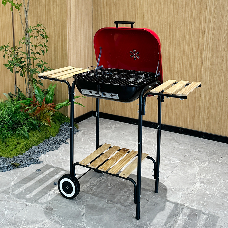  Red Lidded Charcoal BBQ Grill with Trolley - 40x45cm Cooking Area & Wooden Side Tables - Heavy Duty Portable Outdoor Smoker for Family Party