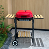  Red Lidded Charcoal BBQ Grill with Trolley - 40x45cm Cooking Area & Wooden Side Tables - Heavy Duty Portable Outdoor Smoker for Family Party