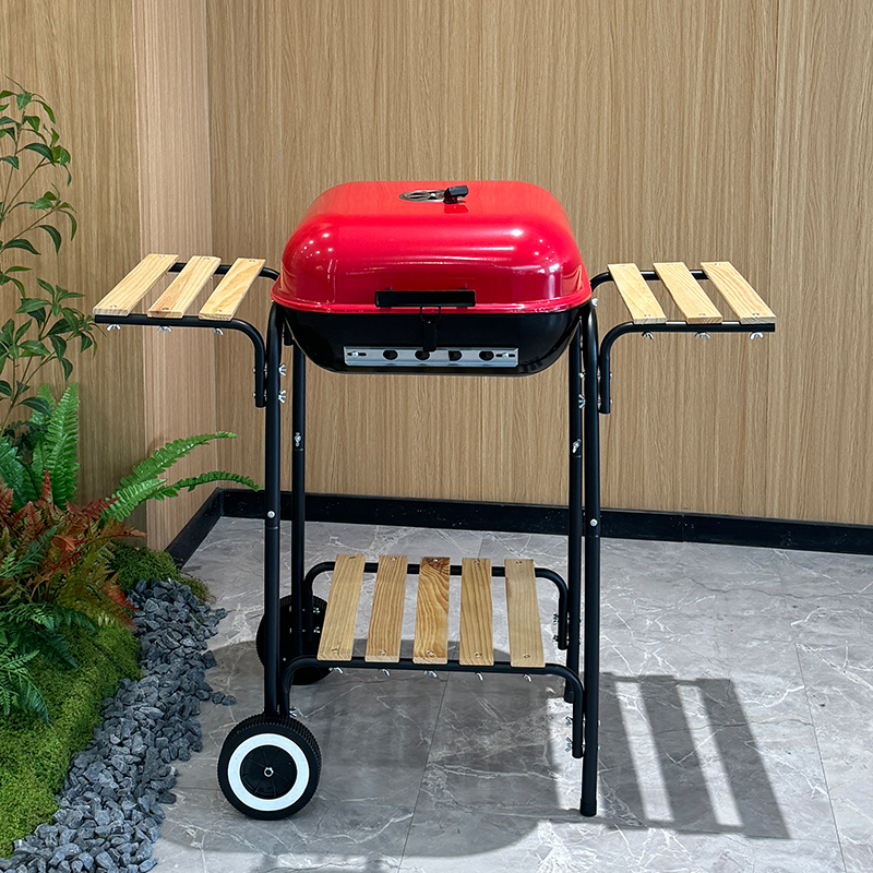  Red Lidded Charcoal BBQ Grill with Trolley - 40x45cm Cooking Area & Wooden Side Tables - Heavy Duty Portable Outdoor Smoker for Family Party