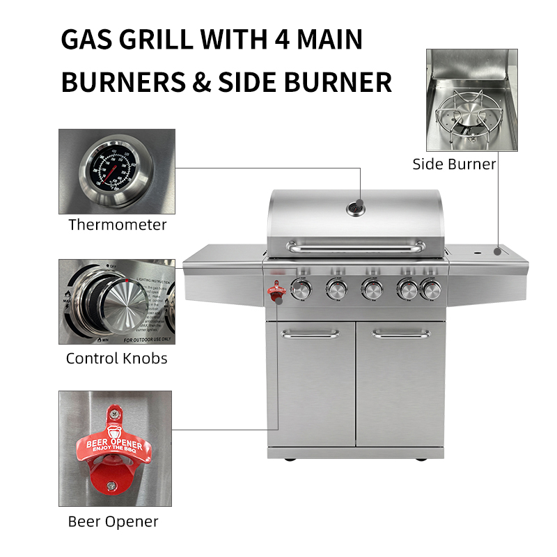 Eureka S401G 4+1 Burner Gas BBQ Grill: 18.3KW High Power #430 Stainless Steel Grill with Side Burner - Professional Wholesale BBQ Manufacturer