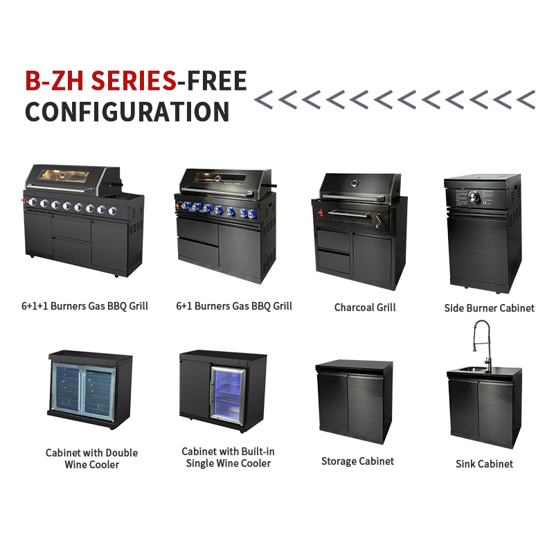 Eureka B-ZH601-1-BG black stainless steel modular outdoor kitchen island, all-in-one BBQ grill cabinet with sink and refrigerator for backyard villa
