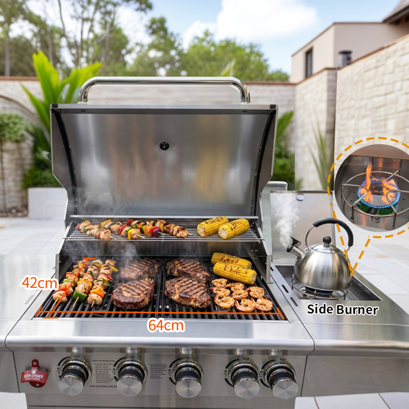 Eureka S401G 4+1 Burner Gas BBQ Grill: 18.3KW High Power #430 Stainless Steel Grill with Side Burner - Professional Wholesale BBQ Manufacturer